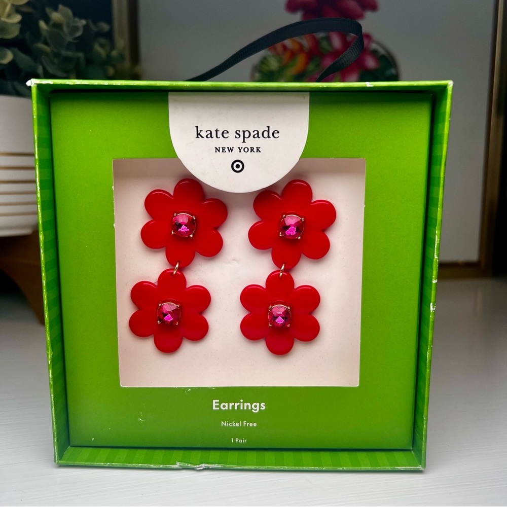 Kate Spade X Target Red Flower Earrings Limited Addition Whimsical Retro Fantasy